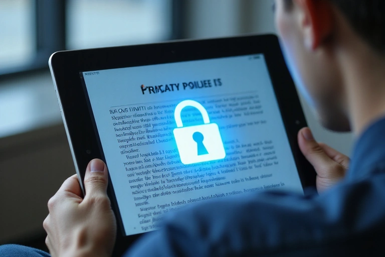 A person reviewing privacy policy document on a tablet, with a secure padlock icon overlay.