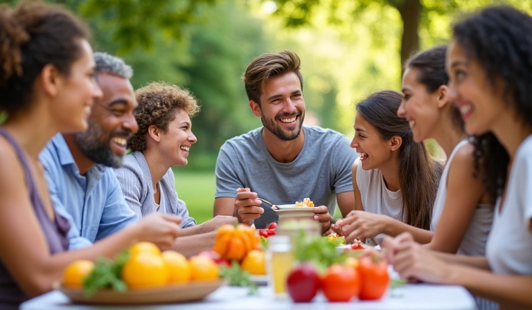 Μια ομάδα χαρούμενων ανθρώπων που τρώνε υγιεινά τρόφιμα σε ένα πάρκο